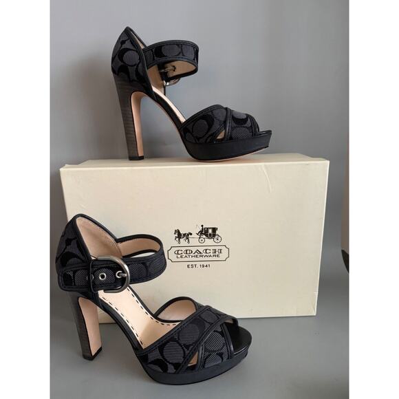 COACH Monogram Open Toe Platform Stacked Heel Open Toe Size 9 Worn Once w/ Box - Picture 2 of 9